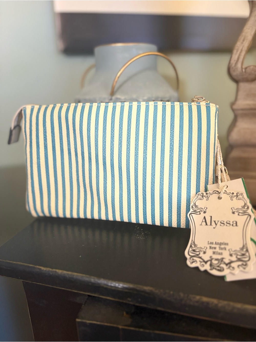 Striped light Blue and Cream Zip Pouch Wristlet NWT